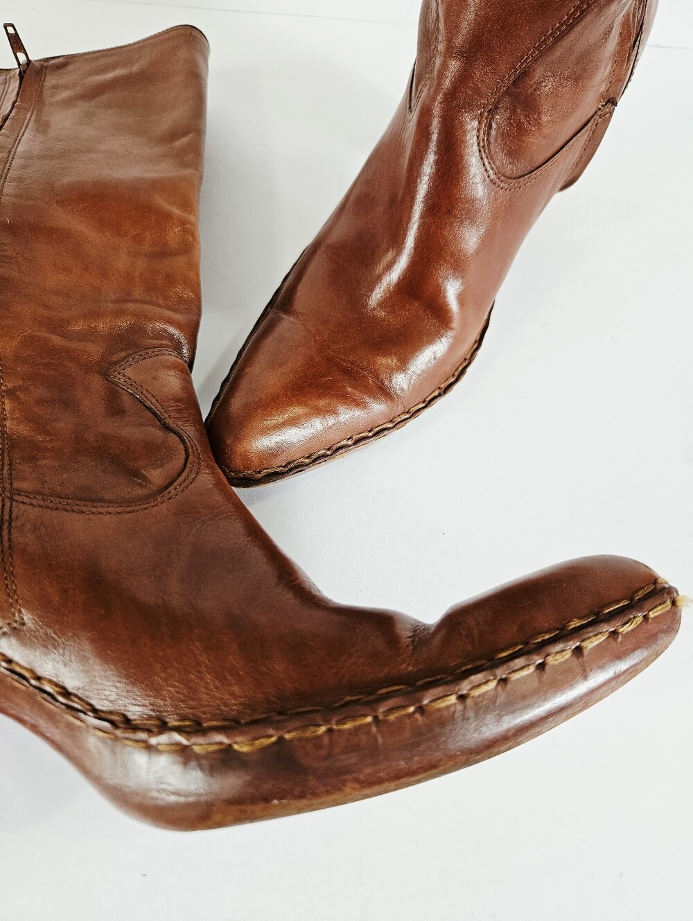 Vintage Frye Phoenix Cognac Brown Leather Stacked Heel Western Cowboy Boots 10 - Picture 14 of 15